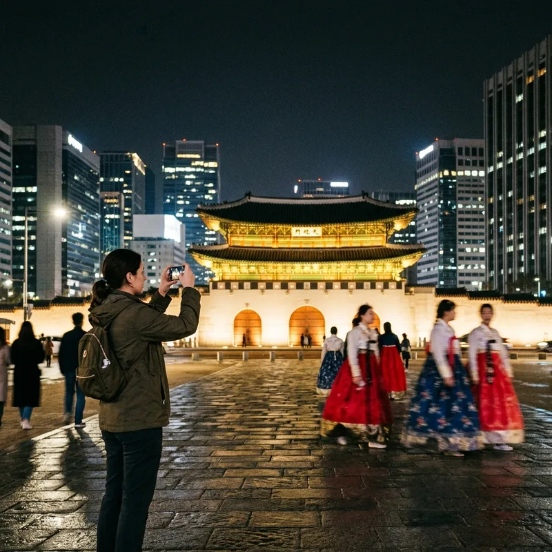 Traveler photographing the lit Gyeongbokgung gate at night with a phone