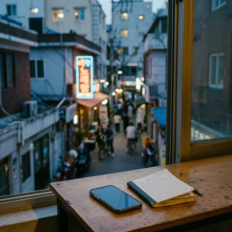 A phone and notebook on a desk by a window looking onto a narrow Seoul alley at dusk