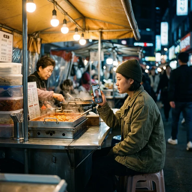 A traveler on a video call at a small late-night Korean street-food stall, steam rising, orange tent light against a blue night