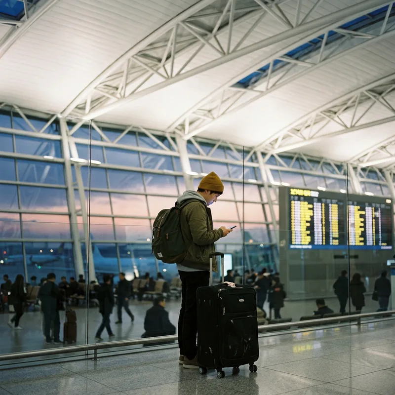 A traveler with a backpack reading a phone in the glass departure hall of Incheon airport at dawn