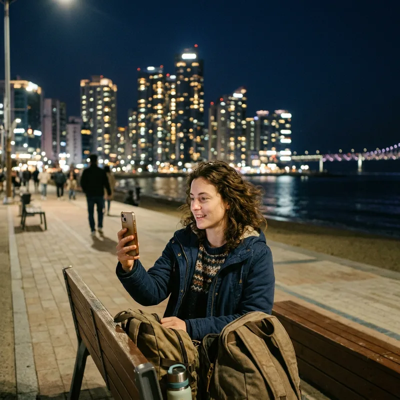 Traveler on a video call on the Haeundae beach promenade in Busan at night, Marine City towers lit across the water