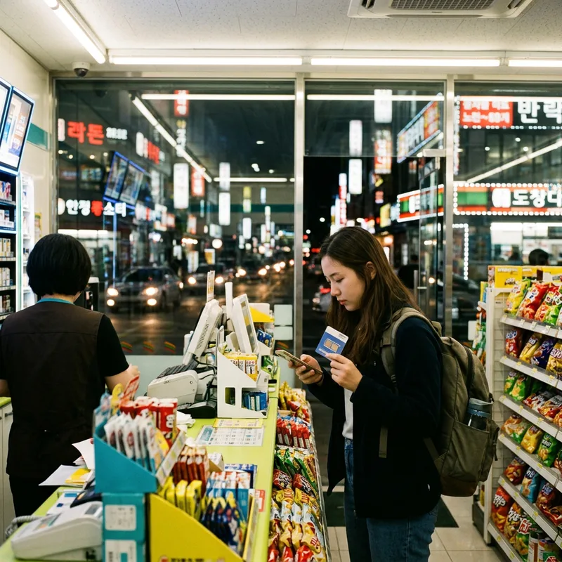 A traveler at a Seoul convenience store counter at night holding a phone and a small SIM blister pack