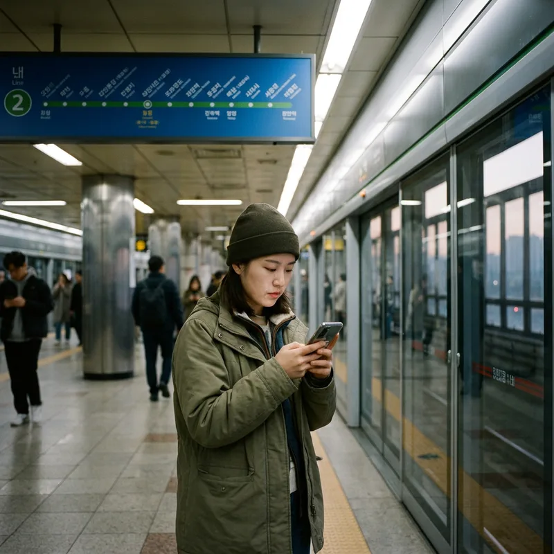A traveler on a Seoul subway platform at dusk holding a phone showing a route, glass platform doors behind