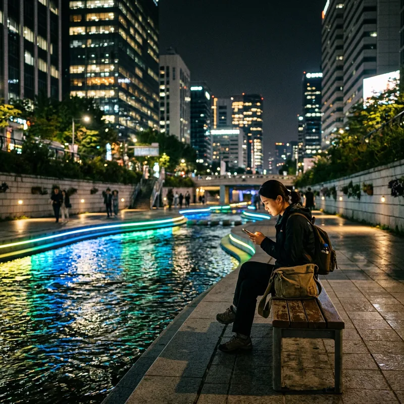 Traveler on a bench beside the Cheonggyecheon stream at night reading a phone