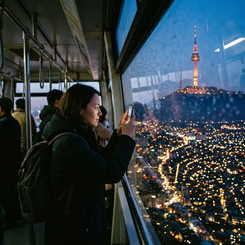 Traveler in a cable car rising toward N Seoul Tower at blue hour holding a phone